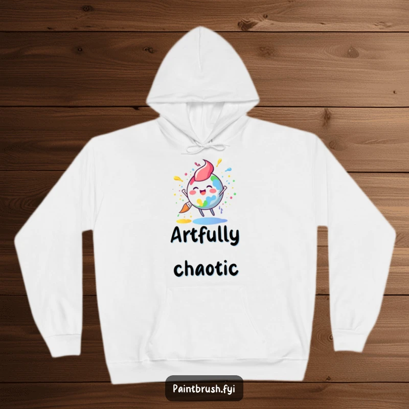 Funny paintbrush hoodie with a round character joyfully splattering rainbow paint, offering cozy artistic vibes and humor.