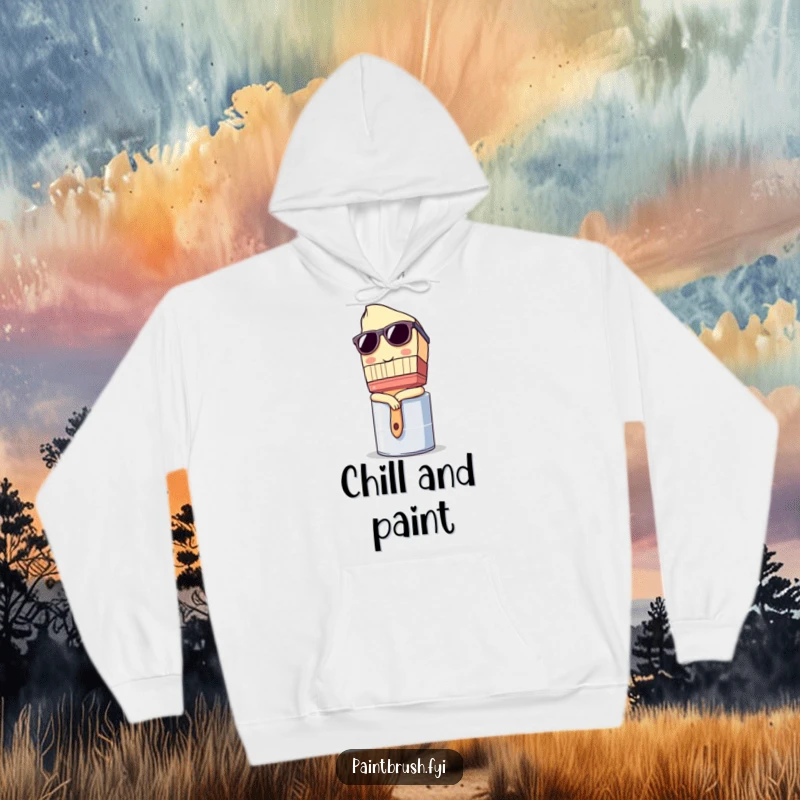 Funny Hoodie: Paintbrush character wearing sunglasses and leaning casually on a paint can, a stylish and comfortable item.