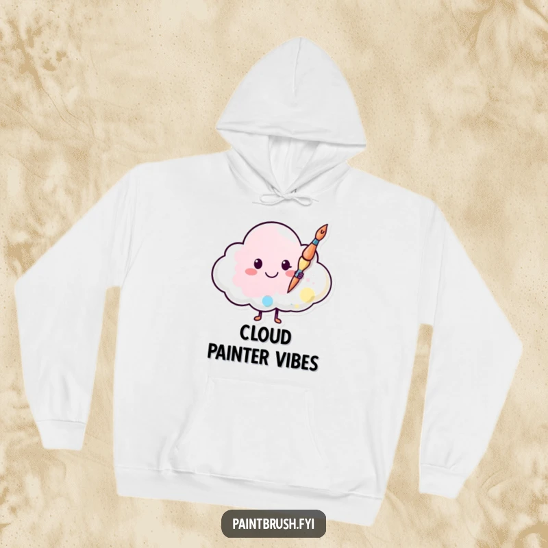 Funny hoodie depicting a happy paintbrush character painting a smiley face onto a cloud, bringing warmth and artistic cheer.