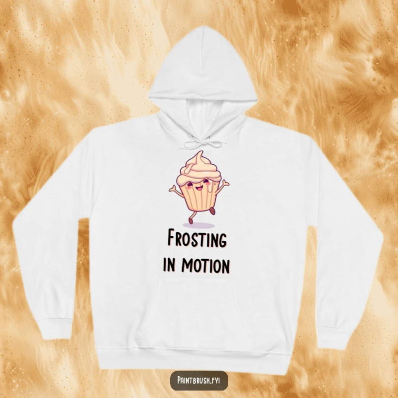 Funny Hoodie featuring a smiling cupcake character with dripping frosting doing a cartwheel, perfect for cozy, sweet moments.
