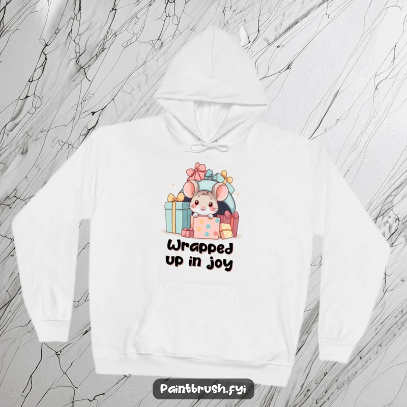 Funny mouse present hoodie, little mouse peeking from a pile of gifts, offering cozy warmth and holiday humor.