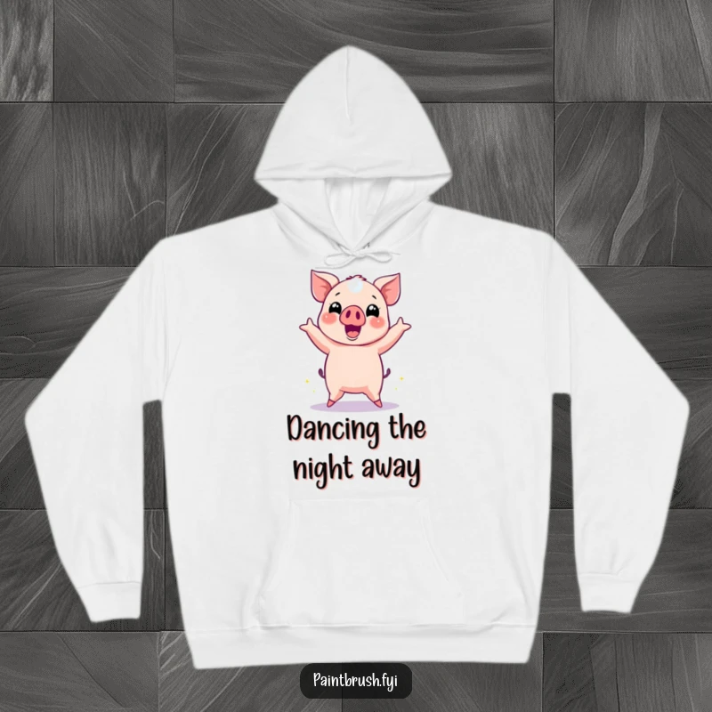 Funny Pig Hoodie featuring a cheerful pig dancing with disco ball reflections, offering cozy warmth and party spirit.