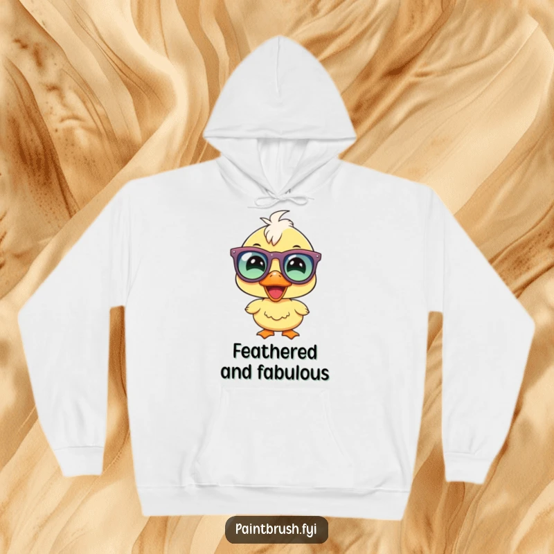 Funny duckling party hoodie, joyous duckling character with large party glasses, radiating cheer and comfort.