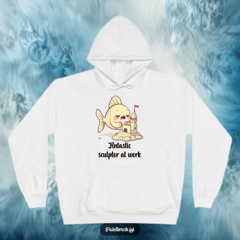 Funny hoodie featuring a focused fish using its fins to sculpt a tiny, intricate clay castle, symbolizing artistic perseverance.