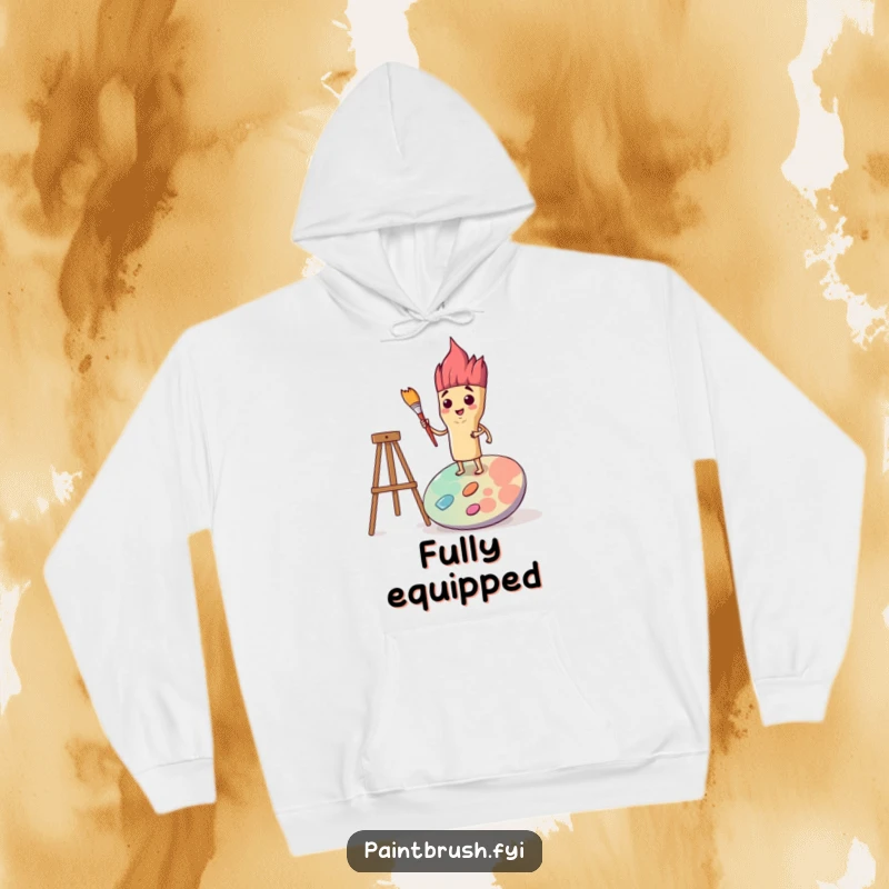 Funny hoodie showcasing a strong paintbrush character positioned confidently on a vast paint palette, symbolizing artistic determination.