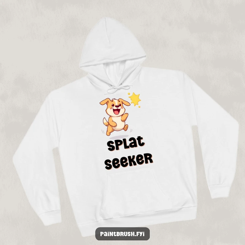 Funny dog hoodie featuring a bouncy dog excitedly chasing a flying paint splat, symbolizing playful energy.