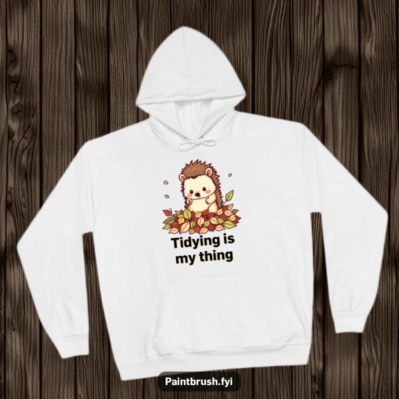 Funny hoodie showing a neat hedgehog character perfectly tidying a pile of fallen leaves, embodying autumn coziness and order.
