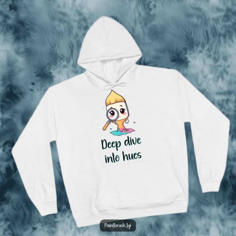 Funny paintbrush character using a tiny magnifying glass on paint, depicted on a comfortable hoodie, a hilarious and funny gift.