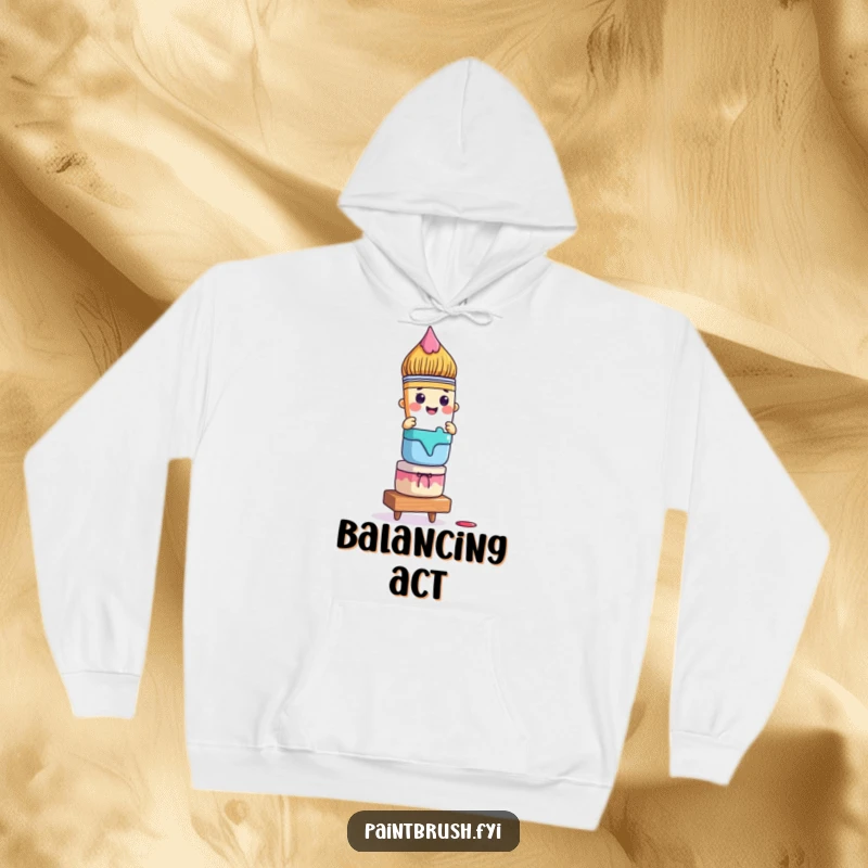 Funny paintbrush hoodie with a character precariously balancing colorful paint pots, offering warmth and a humorous nod to artistic effort.