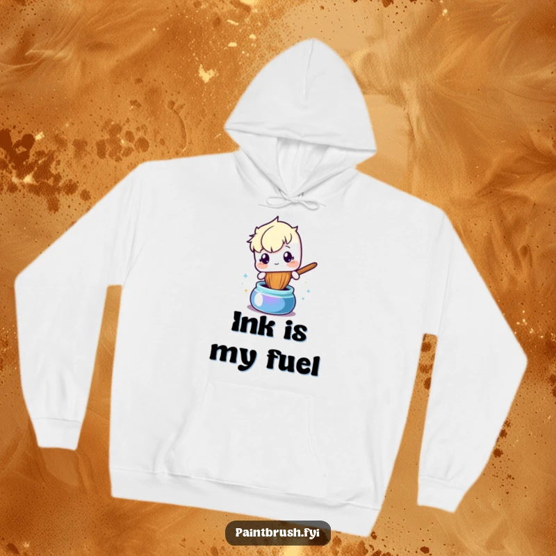 Funny hoodie depicting a curious paintbrush character investigating a pot filled with shimmering black ink, for the thoughtful artist.