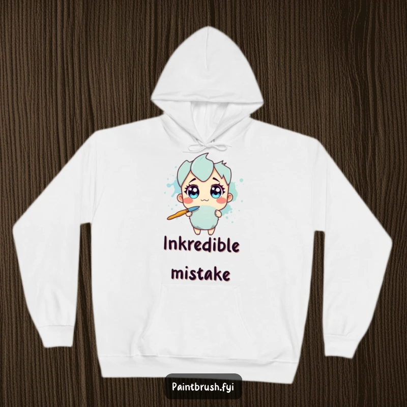 Funny Hoodie: Paintbrush character with wide eyes recoiling from a large ink splotch, a humorous and cozy item.