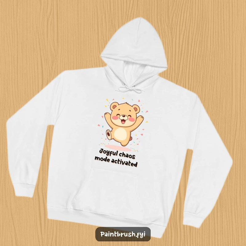 Funny Bear Cub Hoodie featuring an excited cub jumping with confetti, offering cozy comfort and infectious joy.