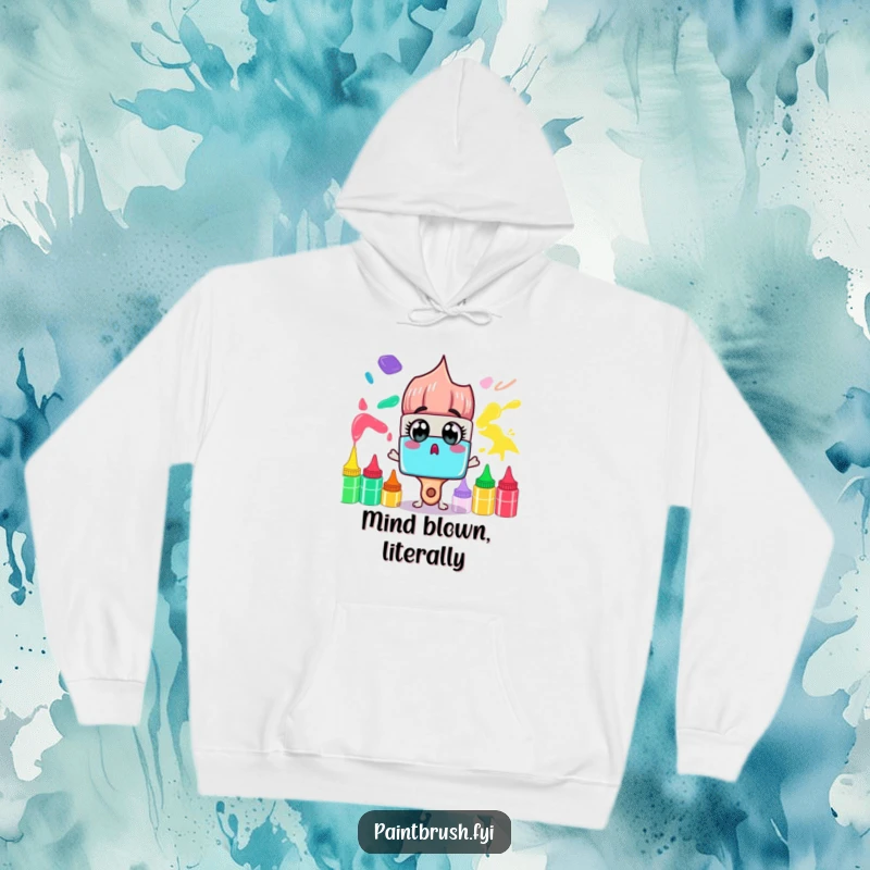 Funny Hoodie: A surprised paintbrush character gazes at a rainbow of paint tubes, offering cozy art vibes and humor.