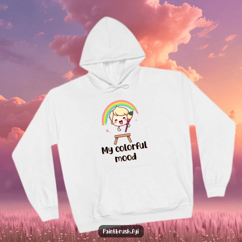 Funny Hoodie: Paintbrush character joyfully painting a vibrant rainbow arc across a blank canvas, a colorful and cozy item.