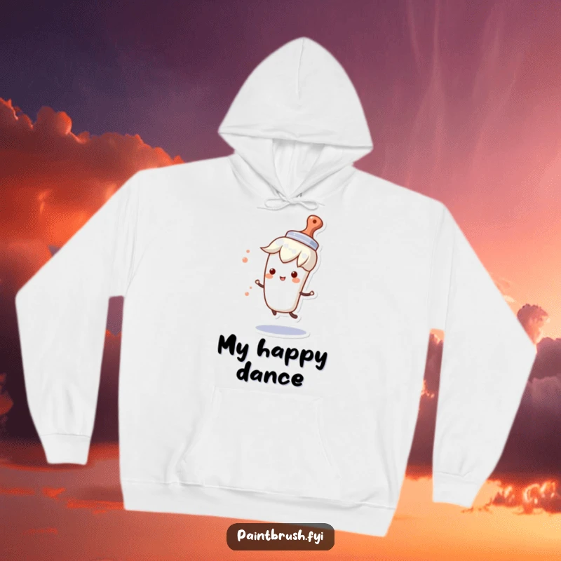 Funny hoodie depicting a paintbrush character joyfully spinning while wearing a tiny hat, embodying playful creativity and movement.
