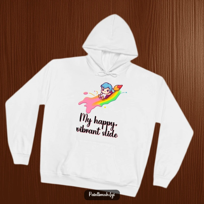 Funny paintbrush character happily sliding down a rainbow-colored paint streak, depicted on a comfortable hoodie, a humorous and funny gift.