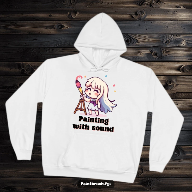 Funny character playing a paintbrush like a trumpet, generating a wave of colorful sound, a cozy hoodie.
