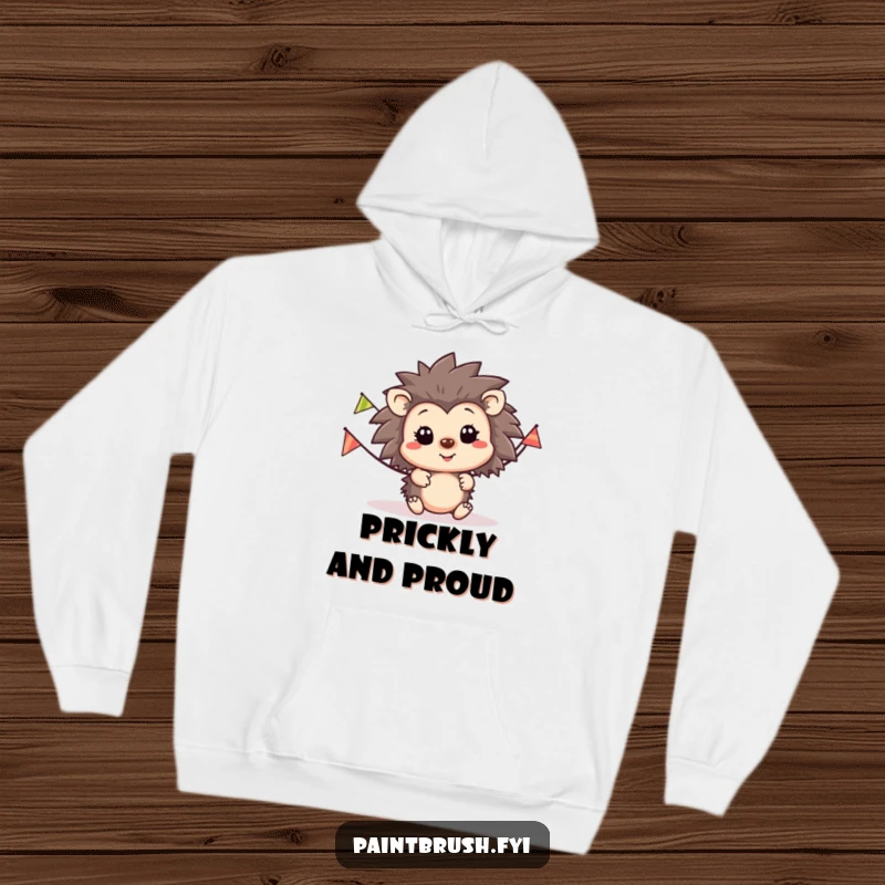 Funny hedgehog party hoodie, happy hedgehog character with a striped party banner, offering cozy comfort and festive cheer.