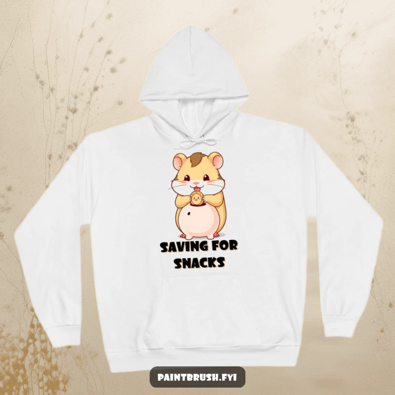 Funny hoodie showing a hamster character meticulously stuffing a single coin into a tiny piggy bank, embodying thriftiness.