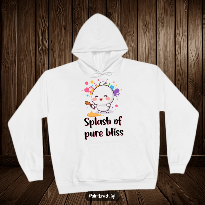 Funny hoodie illustrating a small round character joyfully splattering rainbow colors with a paintbrush, offering warmth and artistic vibes.