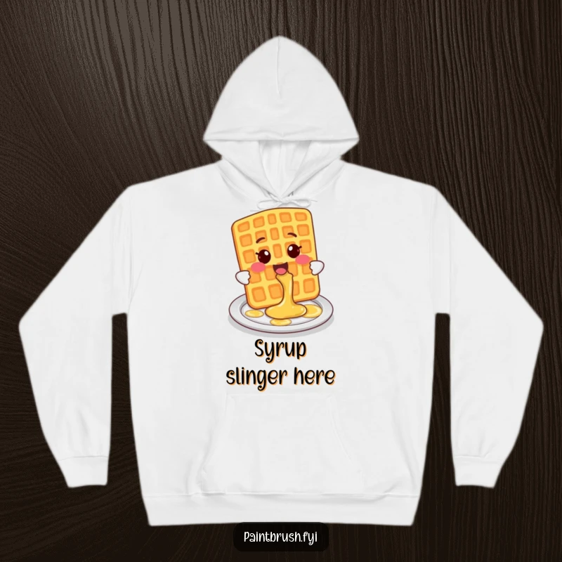 Funny Hoodie showcasing a happy waffle character playfully splashing syrup onto a plate, perfect for cozying up.
