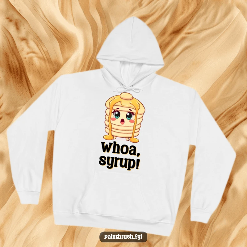 Funny Hoodie showcasing a surprised pancake character with wide eyes amidst cascading syrup waterfalls, perfect for cozying up.