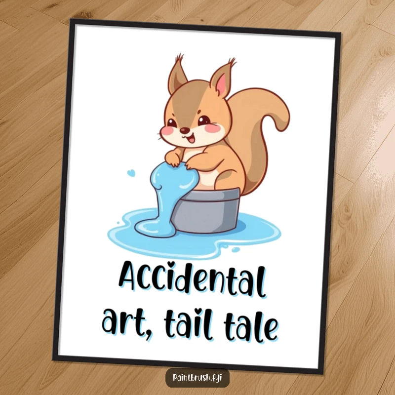 Funny Free Printable Wall Art depicting a squirrel's tail accidentally dipped into a bucket of vibrant blue paint.