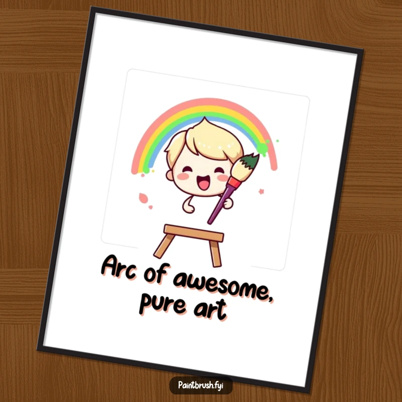 Funny Free Printable Wall Art: Paintbrush character joyfully painting a rainbow arc across a blank canvas, creating colorful art.