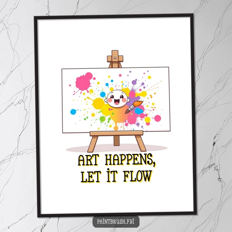 Funny Free Printable Wall Art: Small paintbrush character joyfully splattering vibrant paint onto a canvas, artistic decor.