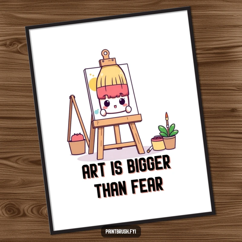 Funny Free Printable Wall Art: Shy paintbrush character subtly peeking from behind a colossal art easel, whimsical art.