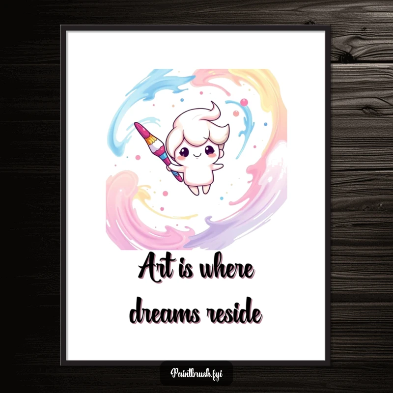 Funny Free Printable Wall Art: Dreamy paintbrush character floats serenely amidst a captivating swirl of vibrant paint strokes.