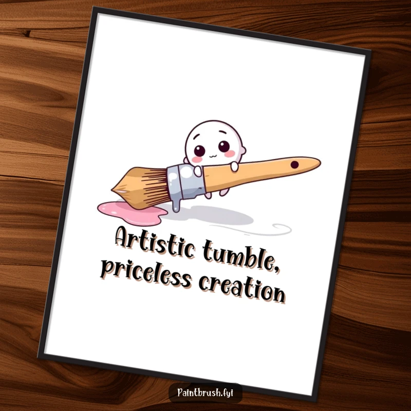 Funny Free Printable Wall Art: Tiny brush character comically tripping over a giant dripping paintbrush, creating a humorous scene.