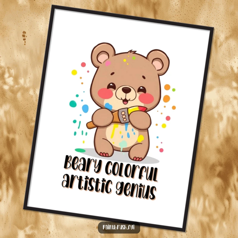 Funny Free Printable Wall Art: A happy bear splattered with vibrant rainbow paint joyfully hugging a paintbrush, a masterpiece of downloadable art.