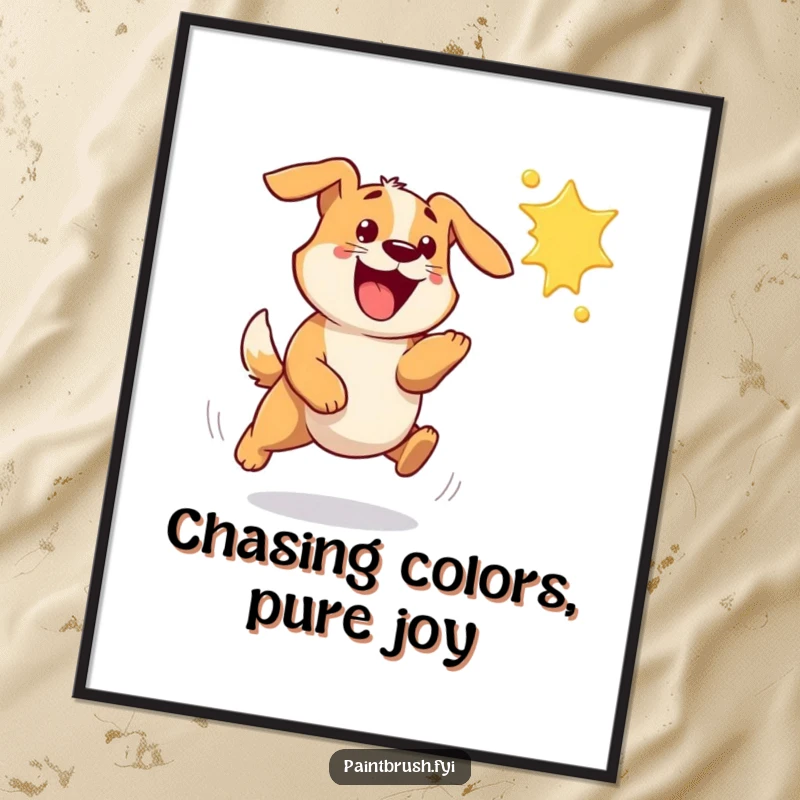 Funny Free Printable Wall Art of a bouncy dog gleefully chasing a large, colorful flying paint splat.