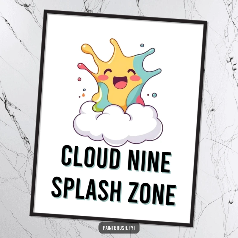 Funny Free Printable Wall Art depicting a joyous paint blob splashing onto a wide-eyed, fluffy cloud.
