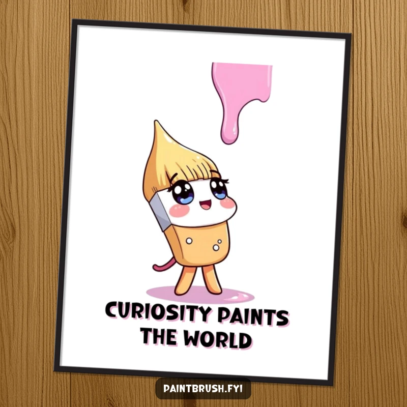 Funny Free Printable Wall Art: Paintbrush character looking up inquisitively at a falling paint drip, whimsical downloadable art for any room.
