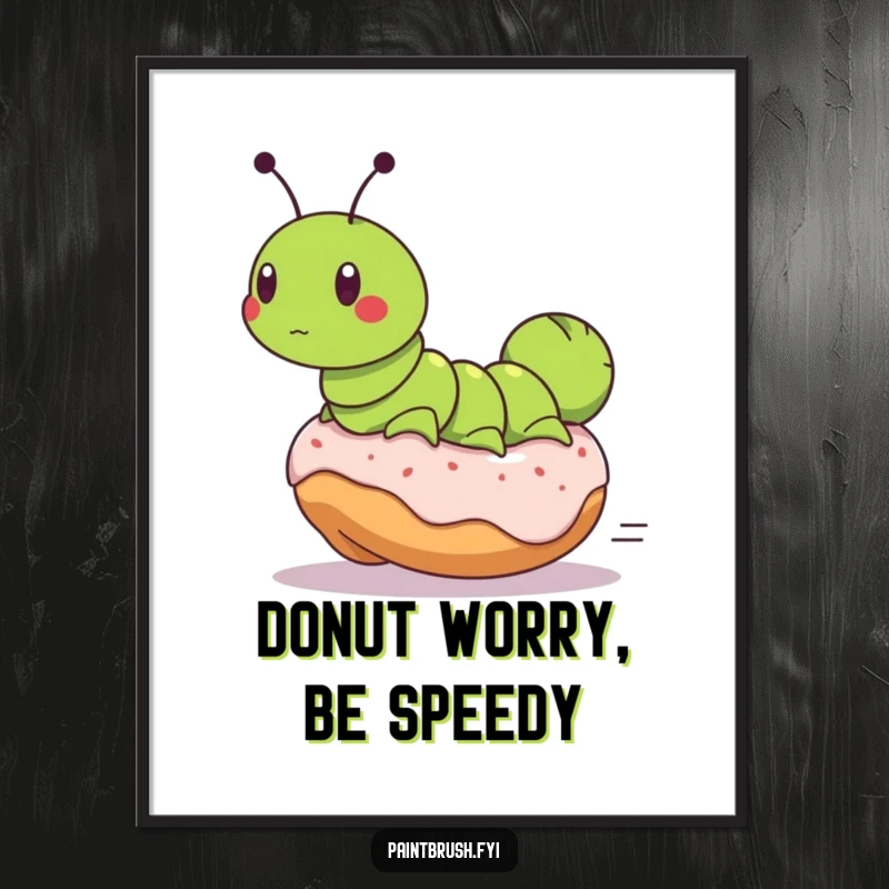 Funny Free Printable Wall Art: Determined caterpillar rides a runaway donut, a comical scene for quirky home decor.
