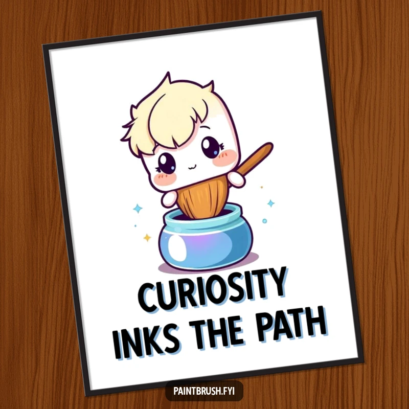 Funny Free Printable Wall Art: Curious paintbrush character investigates a pot of shimmering ink, hinting at deep thoughts.
