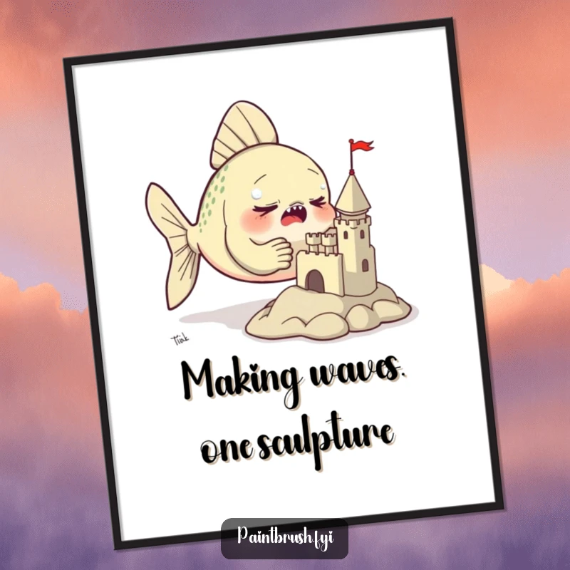 Funny Free Printable Fish Wall Art: A focused fish diligently sculpting a miniature clay castle with its fins.