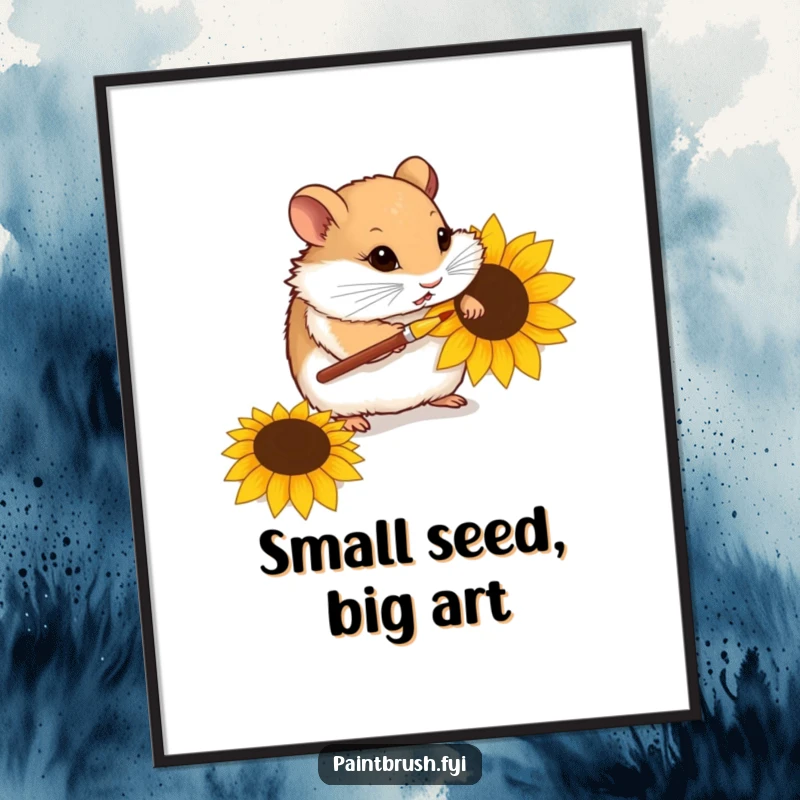 Funny Free Printable Hamster Wall Art: A curious hamster delicately painting a sunflower seed with a miniature paintbrush.