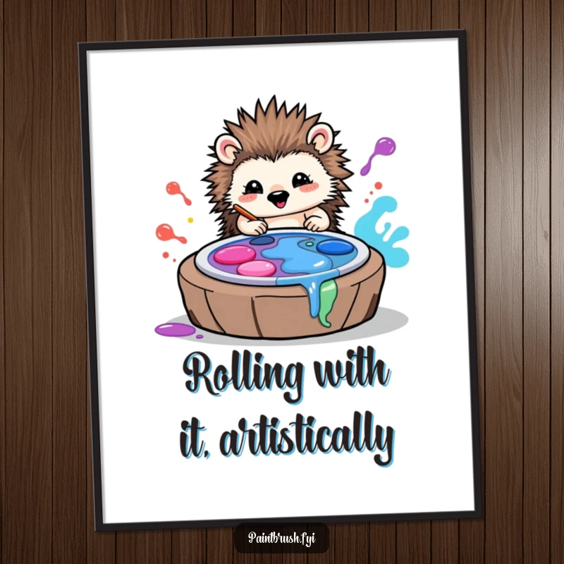 Funny Free Printable Hedgehog Wall Art: A cheerful hedgehog creating a colorful paint masterpiece with joyful abandon.