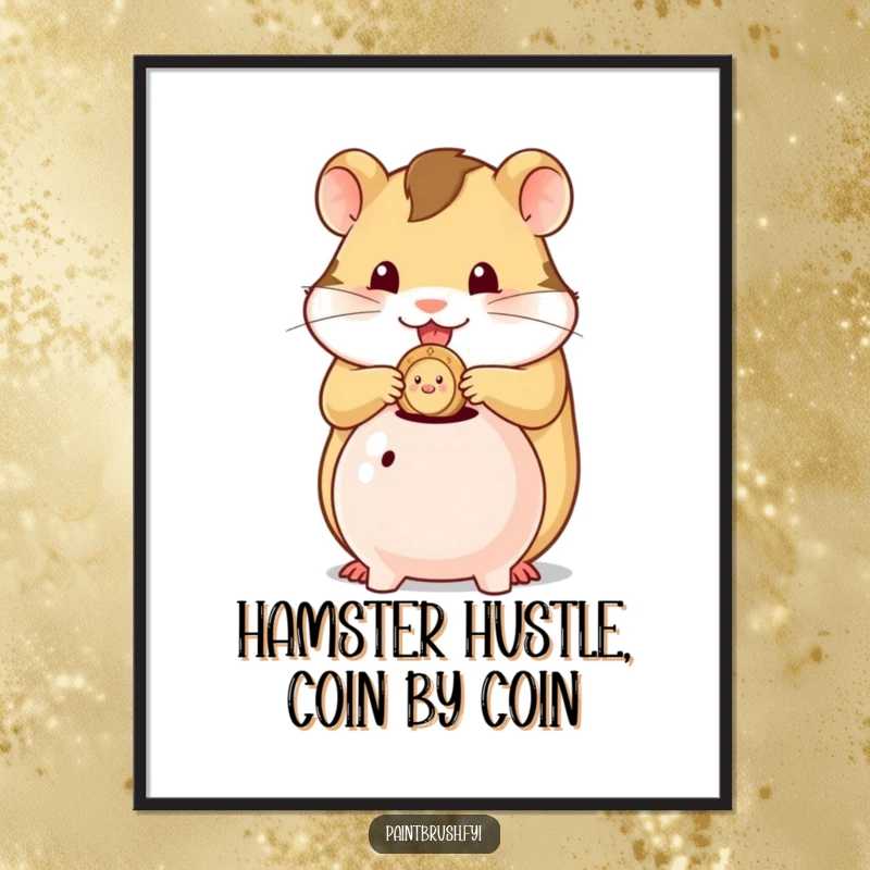 Funny Free Printable Wall Art featuring a determined hamster character meticulously pushing a single coin into a disproportionately small piggy bank.