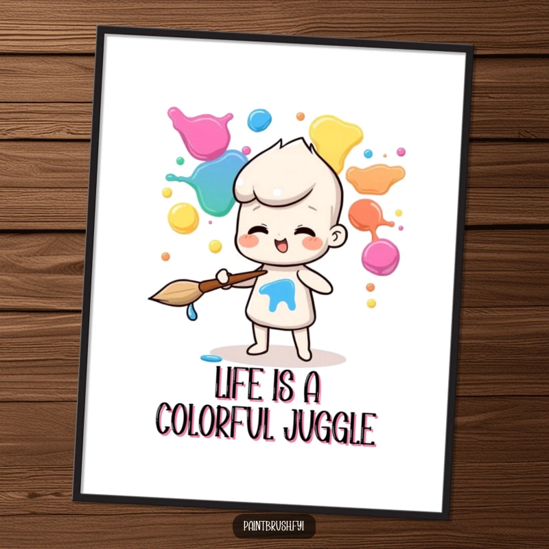 Funny Free Printable Wall Art: A lively paintbrush character expertly juggles multiple colorful paint blobs, creating a dynamic art piece.
