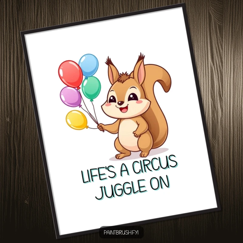 Funny Free Printable Wall Art showcases a squirrel with a wide grin, masterfully juggling an assortment of colorful balloons.
