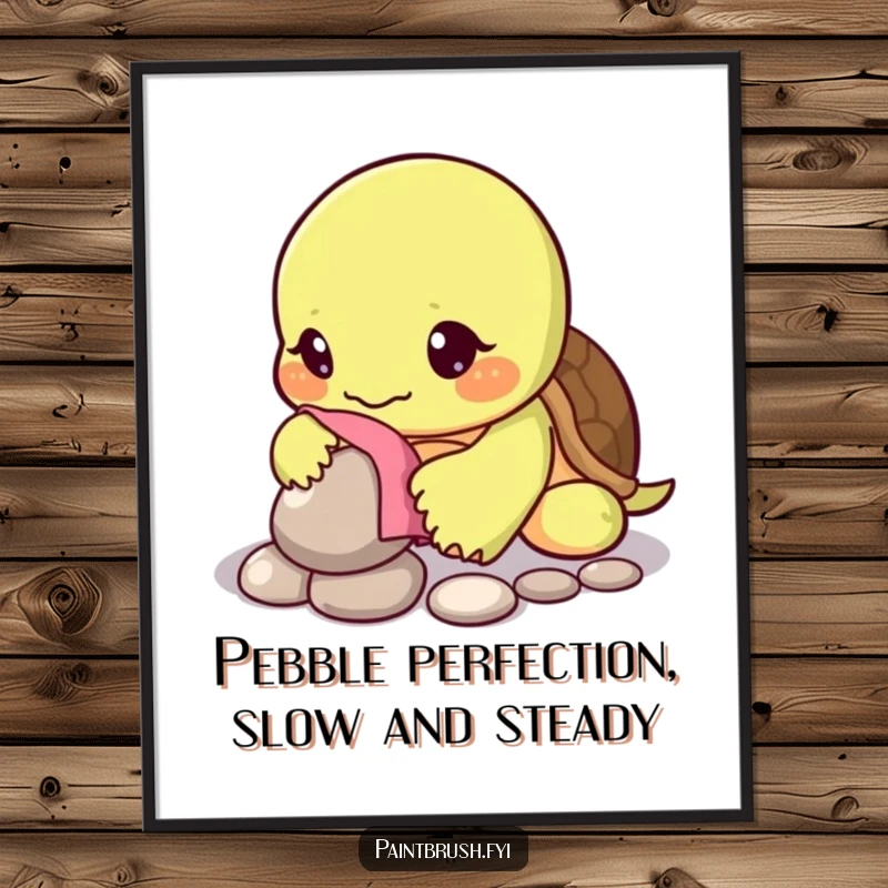 Funny Free Printable Wall Art depicting a patient turtle character meticulously polishing a single, bright pebble with a small cloth, radiating calm.