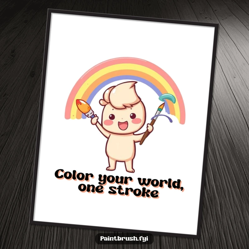 Funny Free Printable Wall Art depicting a happy paintbrush character joyfully painting a vibrant rainbow arc, adding color and cheer.