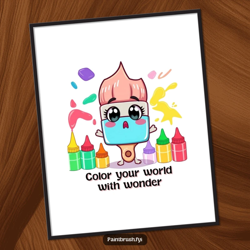Funny Free Printable Wall Art: Surprised paintbrush character with wide eyes gazing at a rainbow of paint tubes, whimsical art.
