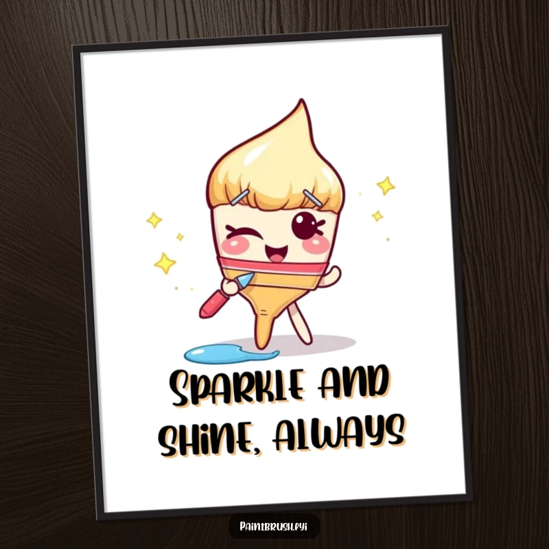 Funny Free Printable Wall Art: Winking paintbrush character with a sparkly paint trail, creating stylish and downloadable art for any room.