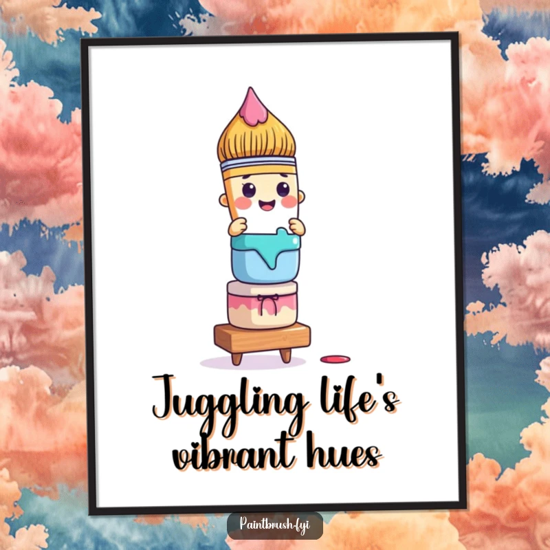 Funny Free Printable Wall Art: A paintbrush character teeters with a tall stack of colorful paint pots, creating a humorous and artistic display.