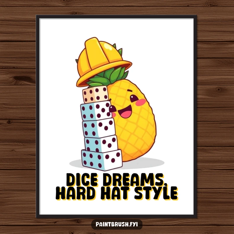 Funny Free Printable Wall Art: Cheerful pineapple wearing hard hat, stacks dice precariously, humorous DIY home decor.